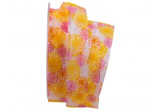 Geschenkband Dekoband Schleifenband Blumenband Sea of Flowers gelb / pink 25mm mit Nylonkante