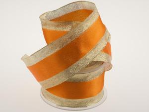 Geschenkband Dekoband Schleifenband Goldband mit Satinstreifen Orange mit Draht 65mm