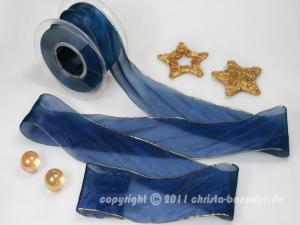 Weihnachtsband Glamour Blau ohne Draht 50mm