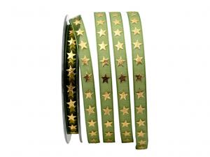 Geschenkband Dekoband Schleifenband Weihnachtsband Goldstars olive / gold 10mm ohne Draht