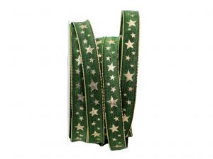 Weihnachtsband Sterne Grün/Gold mit Draht 15mm