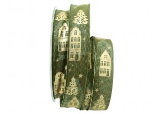 Geschenkband Dekoband Schleifenband Weihnachtsband Village grün 25mm mit Nylonkante