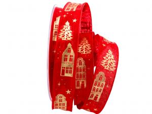 Geschenkband Dekoband Schleifenband Weihnachtsband Village rot 25mm mit Nylonkante