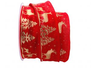 Weihnachtsband Wald und Hirsch rot 40mm mit Draht