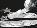 Weihnachtsband Silber-Sterne Weiß mit Draht 40mm