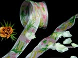 Geschenkband, Dekoband, Schleifenband "Frühjahrsgarten" mit Draht, Rosa/Pink mit Hellgrün Geschenkband, Dekoband, Schleifenband "Frühjahrsgarten" mit Draht, Rosa/Pink mit Hellgrün