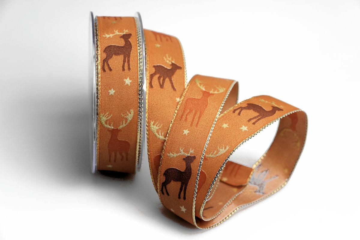 Weihnachtsband Hirsch Braun 25 mm mit Draht