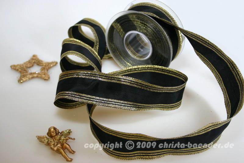 Weihnachtsband Gold Line Schwarz Gold mit Draht 40mm