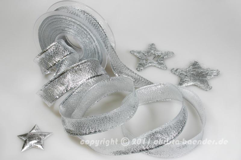 Weihnachtsband Lugano Silber mit Draht 25mm
