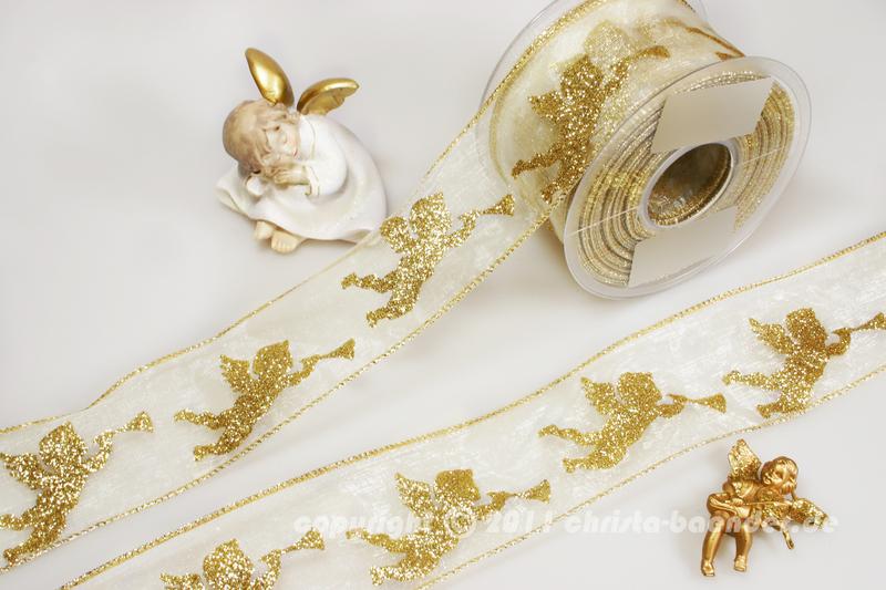 Weihnachtsband Engel mit Trompete Creme mit Draht 65mm