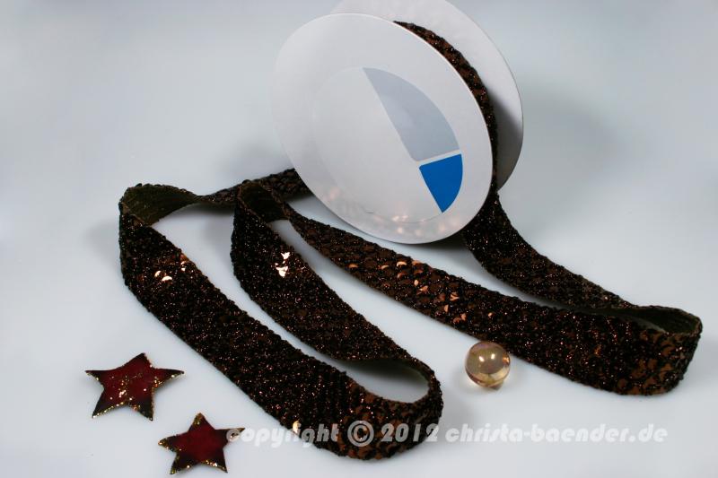 Weihnachtsband Pailettenband Braun ohne Draht 35mm