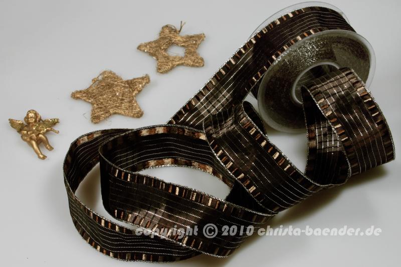 Weihnachtsband Cinema Dunkelbraun Silber mit Draht 40mm