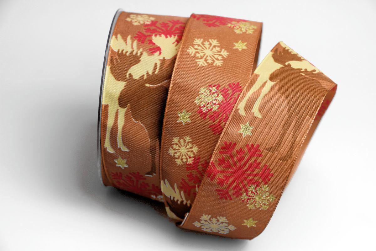 Weihnachtsband Elche Braun 40mm mit Draht