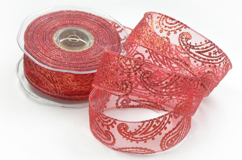Weihnachtsband Paisley rot mit Draht 40mm