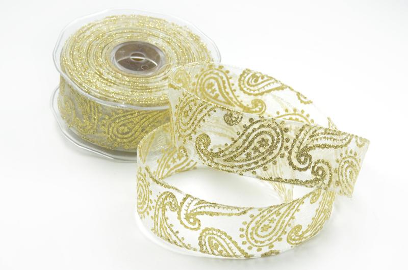 Weihnachtsband Paisley creme/gold mit Draht 40mm