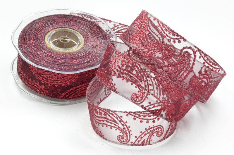 Weihnachtsband Paisley bordeaux mit Draht 40mm