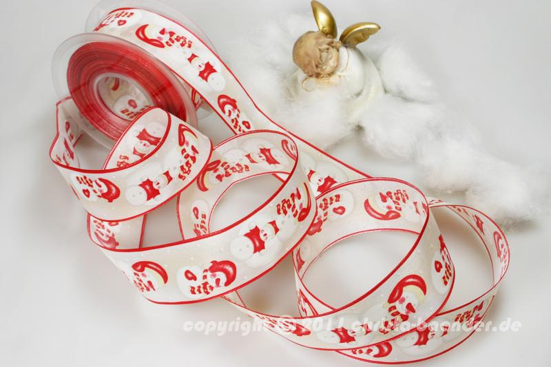 Weihnachtsband Snowman Rot Weiß ohne Draht 40mm