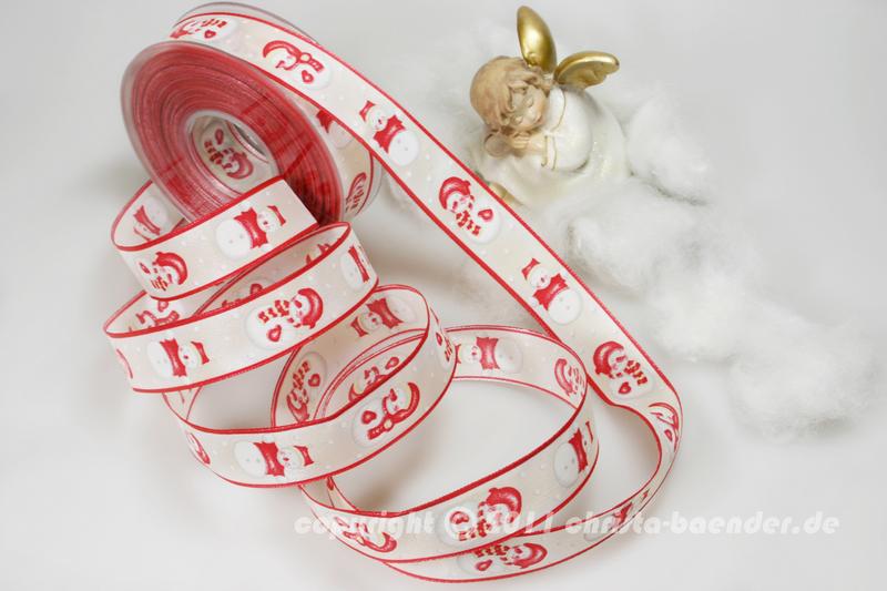 Weihnachtsband Snowman Rot Weiß ohne Draht 25mm