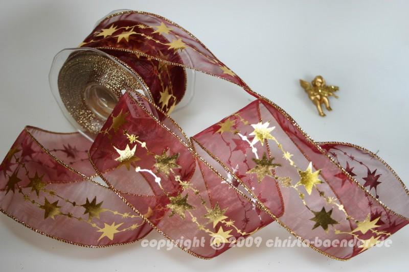 Weihnachtsband Sternentraum Bordeaux mit Draht 62mm