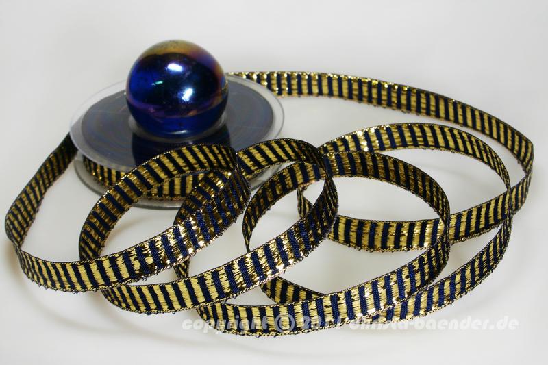 Weihnachtsband Querstreifen Blau Gold mit Draht 15mm
