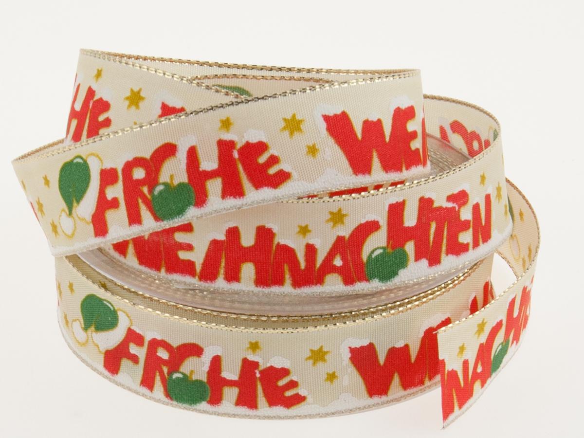 Weihnachtsband Frohe Weihnachten Creme 25 mm mit Draht
