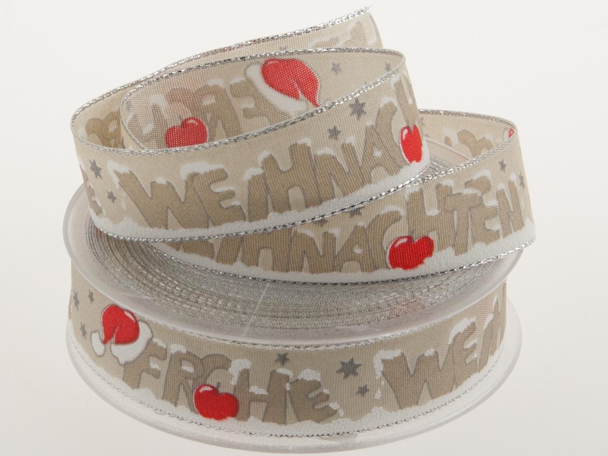 Weihnachtsband Frohe Weihnachten Toffee 25 mm mit Draht