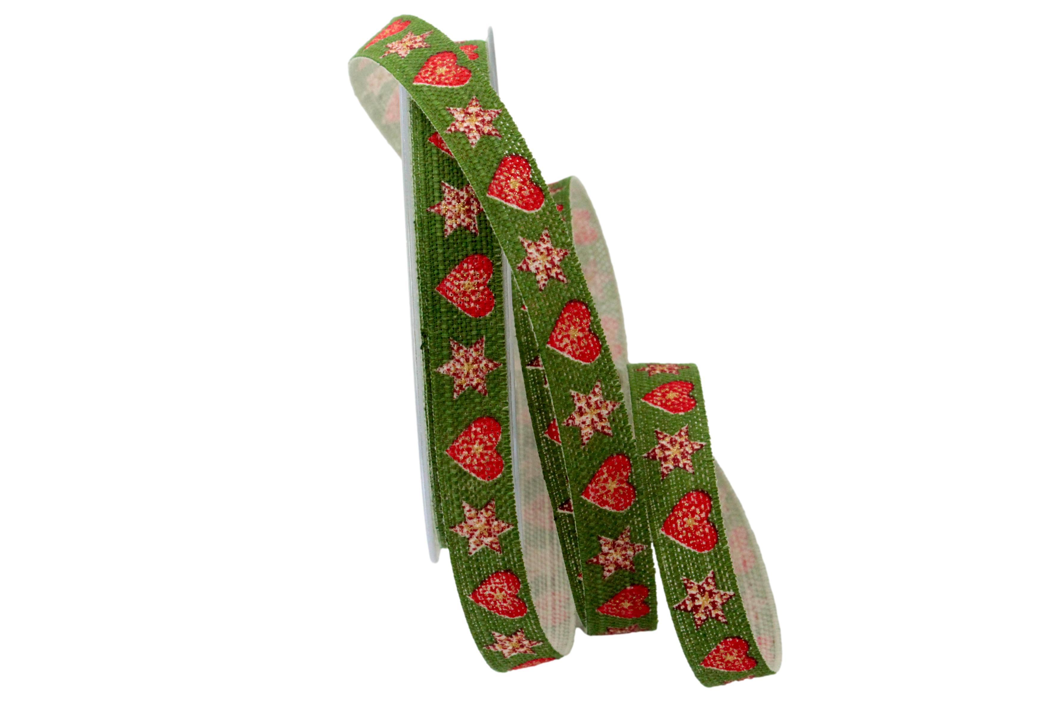 Baumwollband Stern + Herz 15mm grün ohne Draht