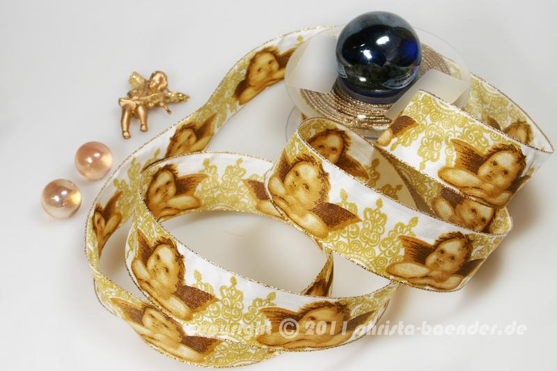 Weihnachtsband Raphael Weiß Gold mit Draht 40mm