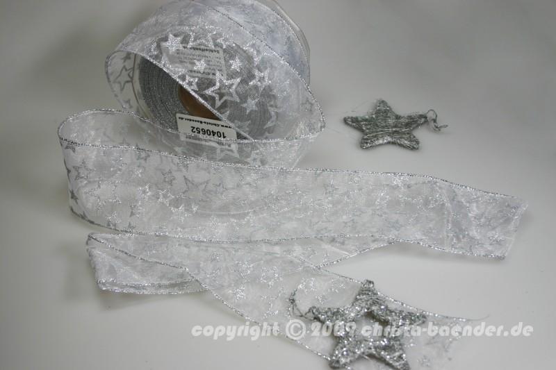 Weihnachtsband Sternenregen Weiss mit Draht 62mm