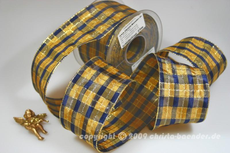 Weihnachtsband Weihnachtskaro Blau mit Draht 70mm