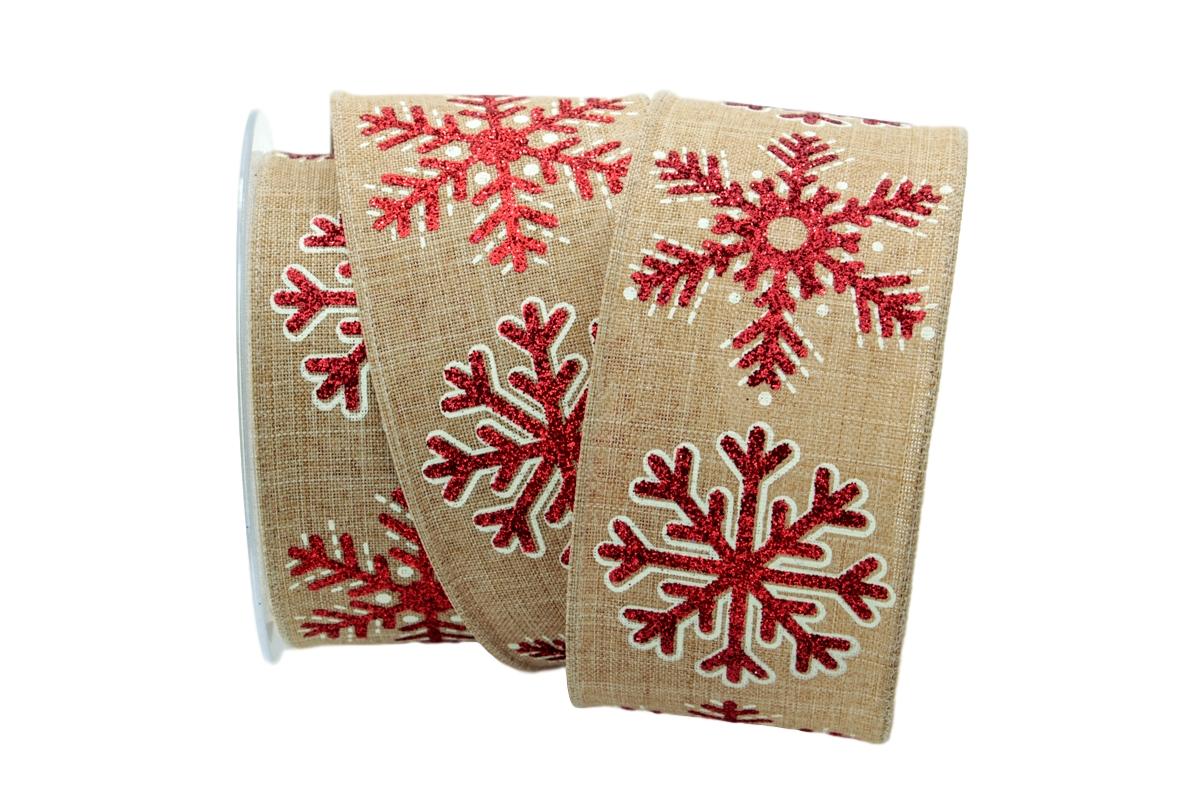 Weihnachtsband Eiskristall natur / rot 62mm mit Draht