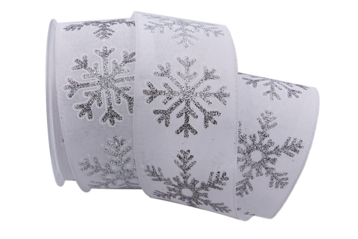 Weihnachtsband Eiskristall weiß 62mm mit Draht