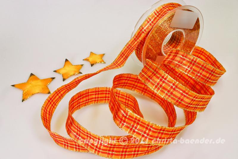 Weihnachtsband Weihnachtskaro Orange mit Draht 25mm