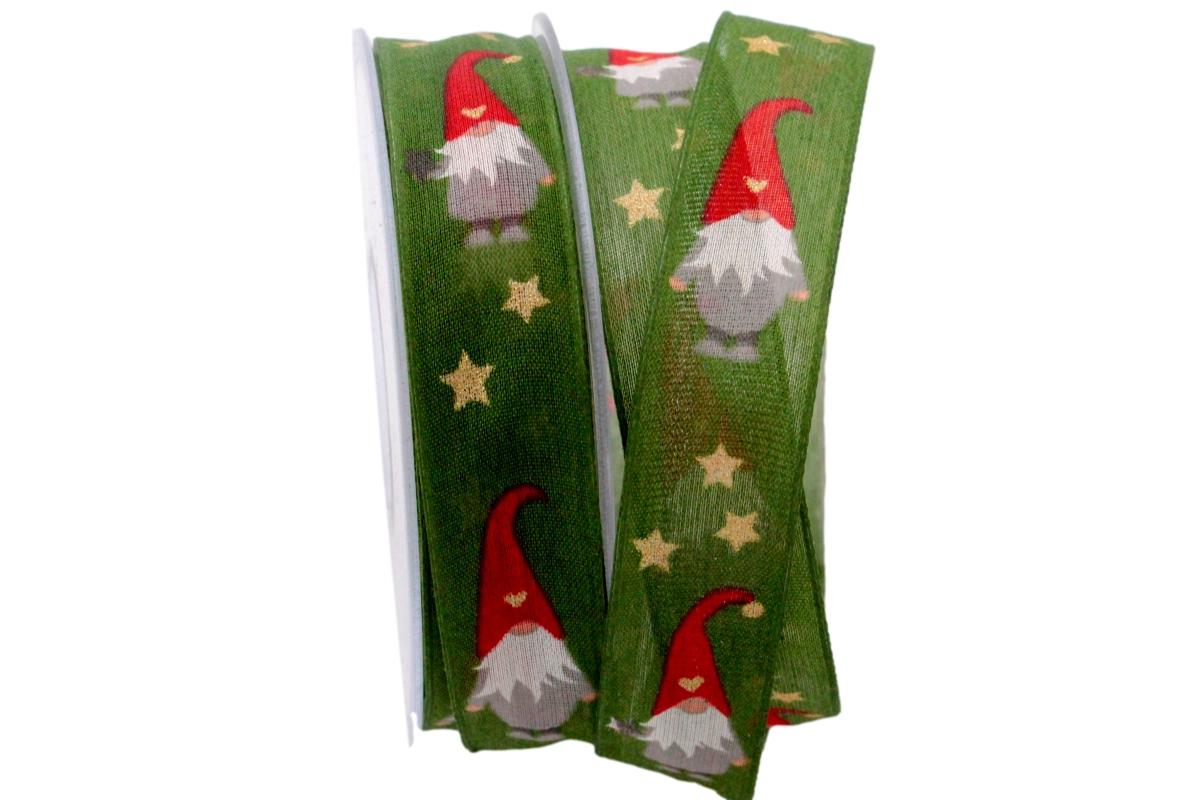 Baumwollband Weihnachtswichtel grün 25mm ohne Draht