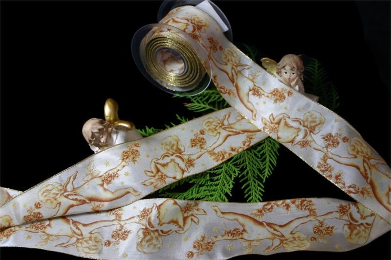 Weihnachtsband "Engel" Gold mit Draht 70mm