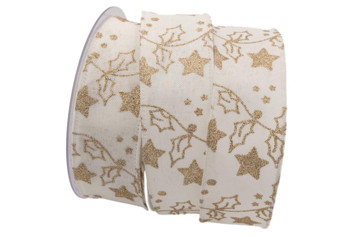 Weihnachtsband Sternenwald creme 40mm mit Draht