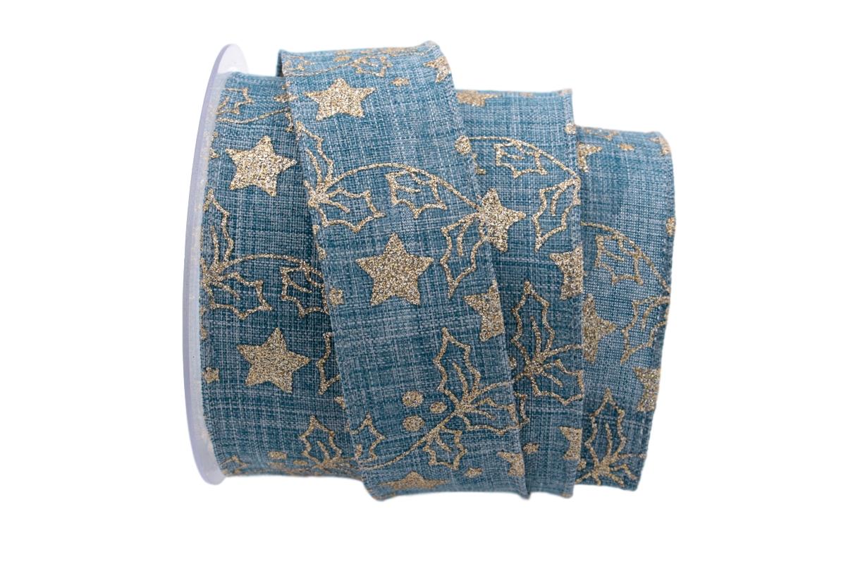 Weihnachtsband Sternenwald blau 40mm mit Draht