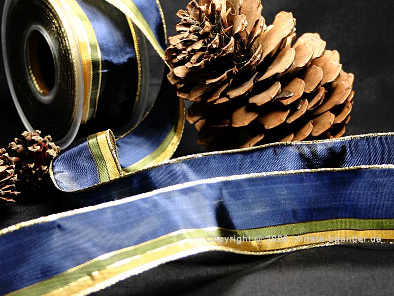 Weihnachtsband Festtagsstreifen Blau mit Draht 40mm