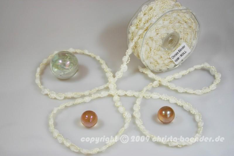 Bändchen Bänderwelle mit Perlenkette Creme ohne Draht 10mm
