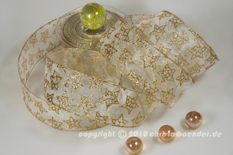 Weihnachtsband Sternenzauber Creme mit Draht 50mm