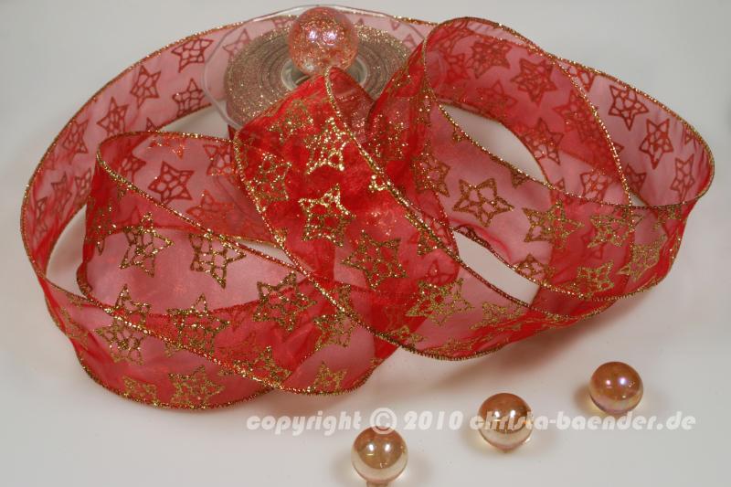Weihnachtsband Sternenzauber Rot mit Draht 50mm