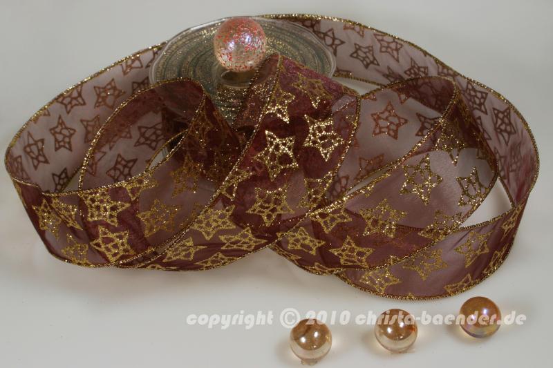 Weihnachtsband Sternenzauber Bordeaux mit Draht 50mm