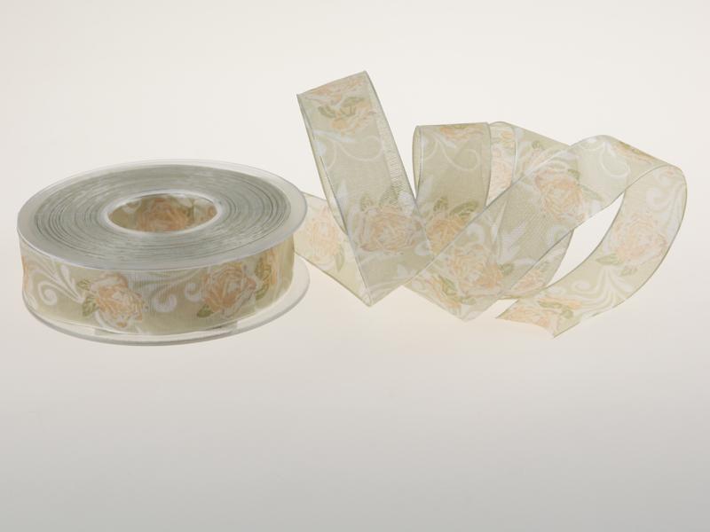 Motivband Rosen creme 25mm mit Draht