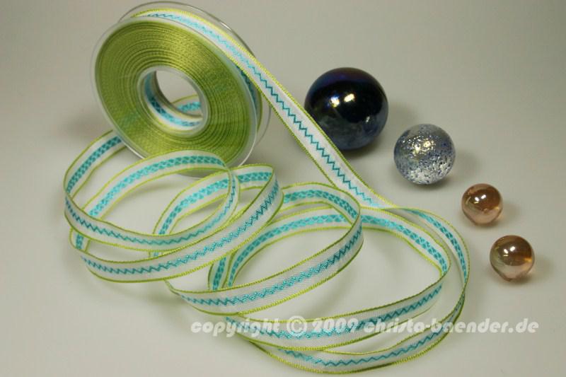 Streifenband Zick-Zack Weiß Türkis mit Draht 15mm