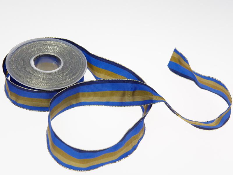 Weihnachtsband Blockstreifen Blau mit Draht 40mm