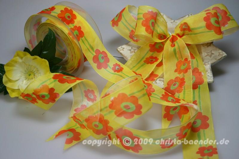 Motivband Big Flower Gelb mit Draht 40mm