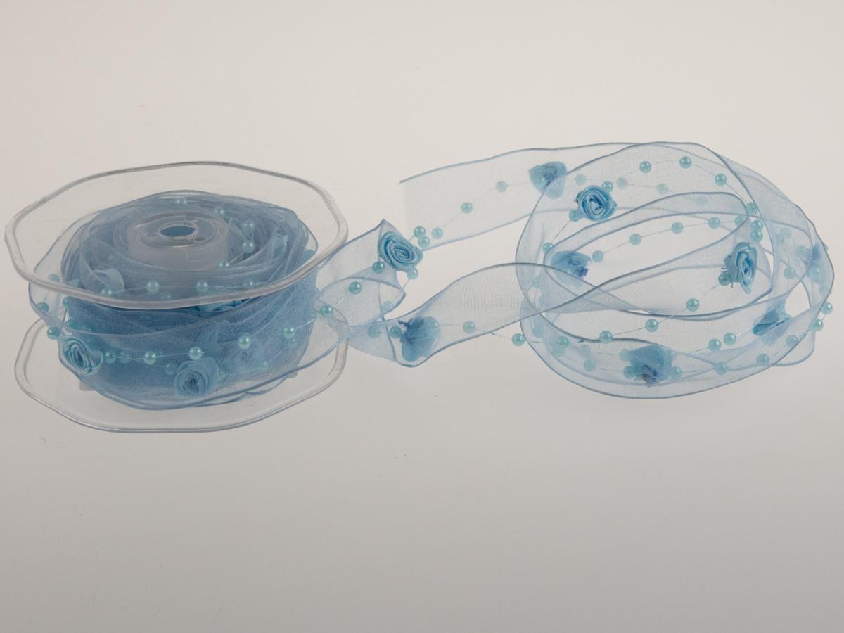 Organzaband Rose Hellblau mit Draht 25mm