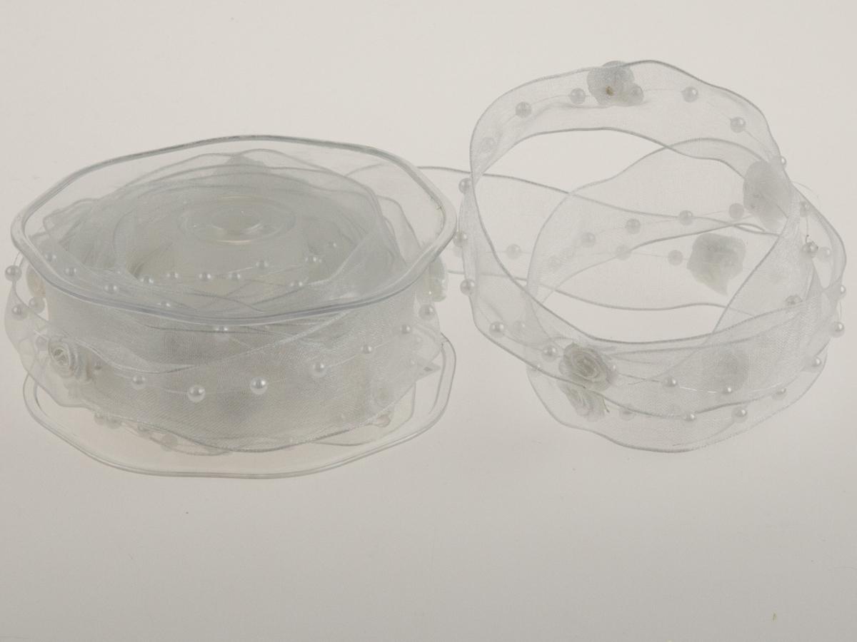 Organzaband Rose Weiss mit Draht 25 mm