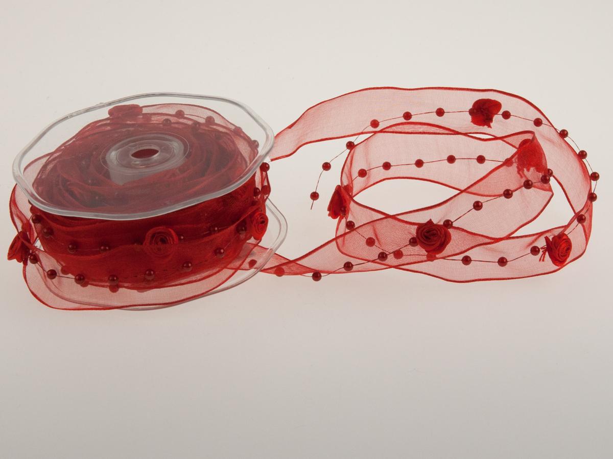 Organzaband Rose Rot mit Draht 25mm