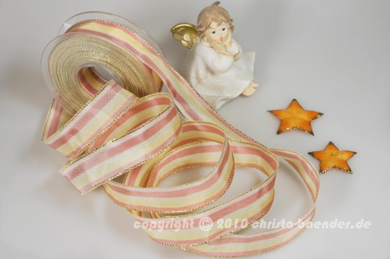 Weihnachtsband Blockstreifen Creme Rosa mit Draht 25mm